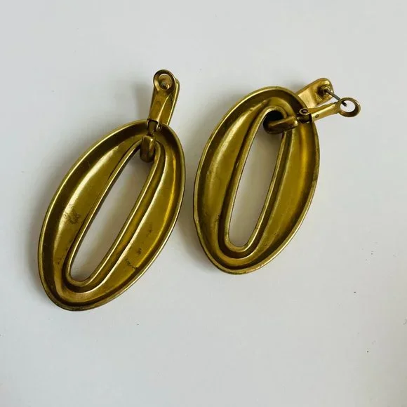 Vintage Transformer Brass Door Knocker Dangle Pierced Earrings 2 ¼” Long - Picture 5 of 6